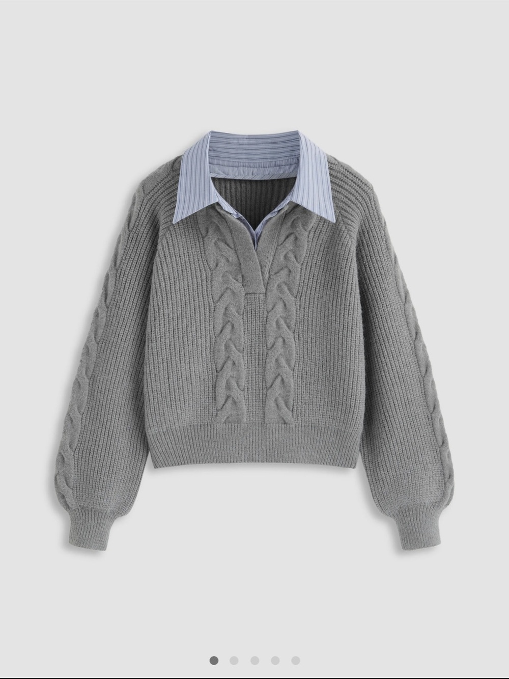 NWT. Cider Gray Cable-Detail V-Neck Sweater with Shirt Collar